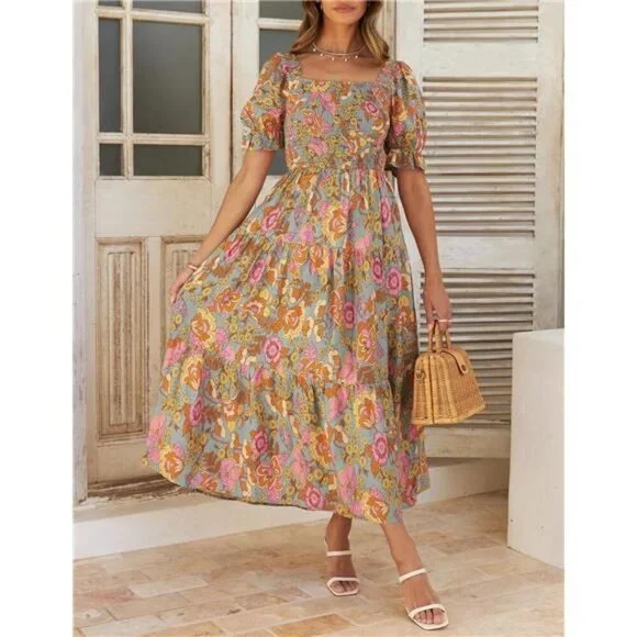 Women's Summer Boho Floral Square Neck Ruffle Maxi Dress Beach Casual